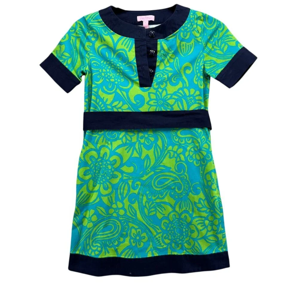 Lilly Pulitzer Belted Dress Girls Navy Green Floral Paisley Short Sleeve Size 8